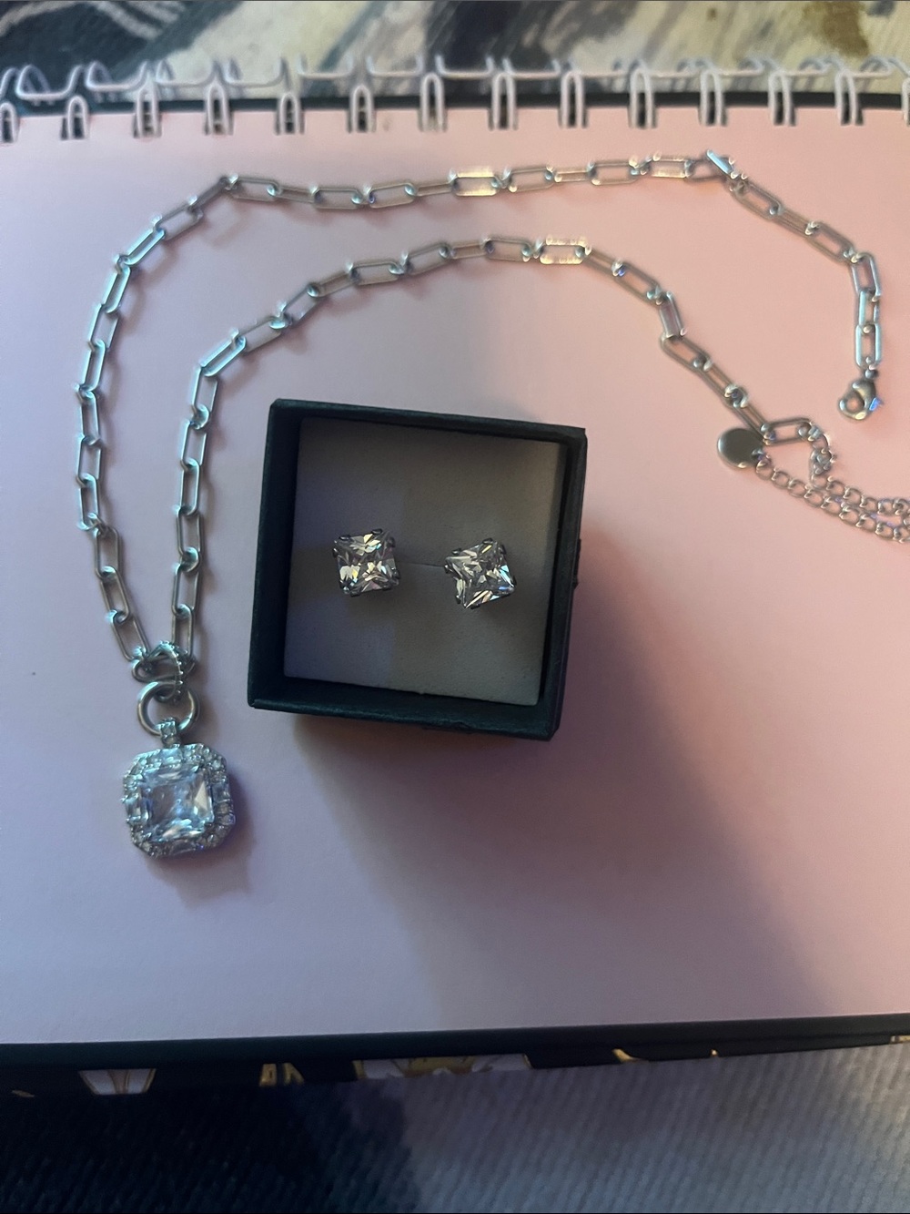 Silver Cubic Zirconia Necklace and Stud Earrings Set - White